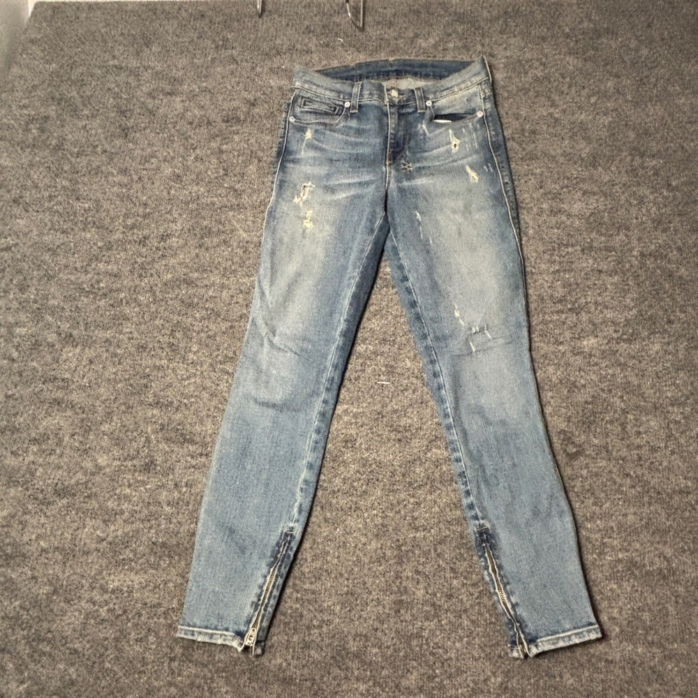 Ksubi Womens 27 Light Blue Spray On D-Day Destroy Distressed Ankle Zip Jeans